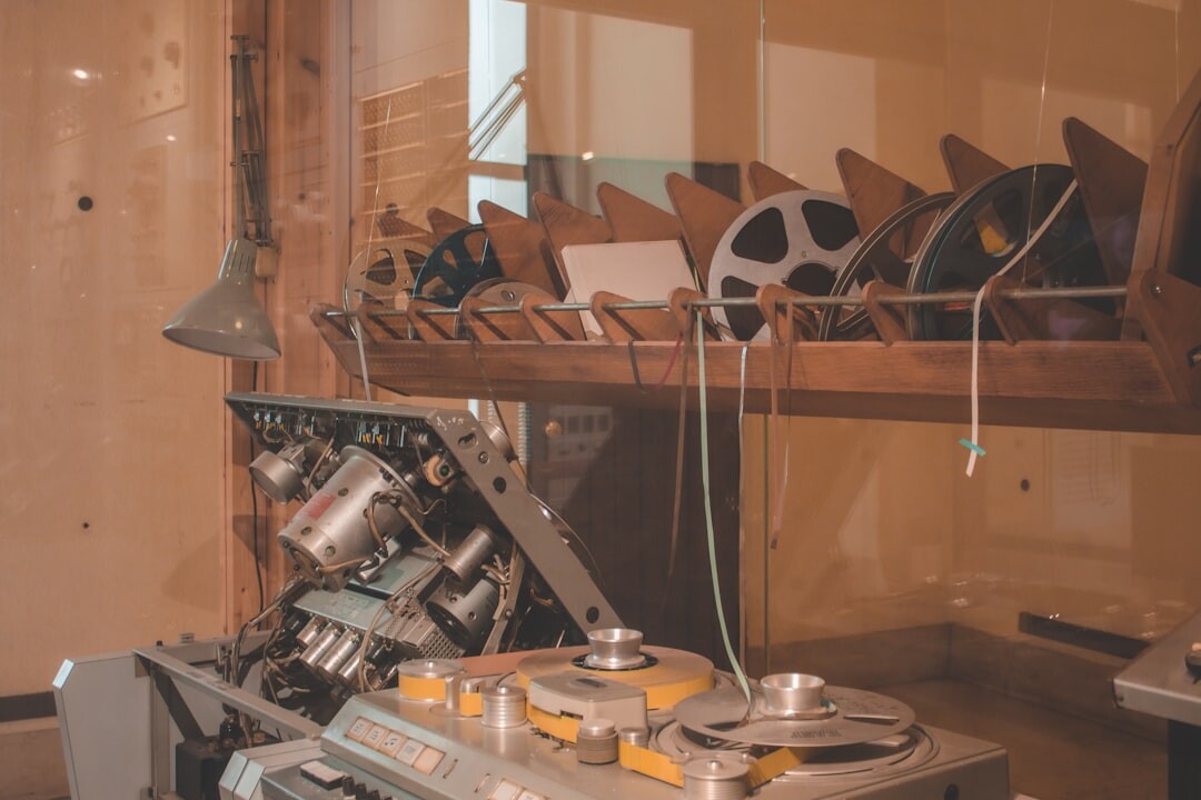 Old film editing desk with reels of tape
